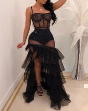 Sheer Mesh Rhinestone Slit Party Dress