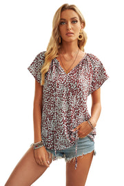 Khaki V-neck Short Sleeve Fashion Print Fantasy Fluttering Blouse