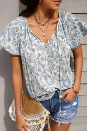 Khaki V-neck Short Sleeve Fashion Print Fantasy Fluttering Blouse