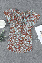 Khaki V-neck Short Sleeve Fashion Print Fantasy Fluttering Blouse