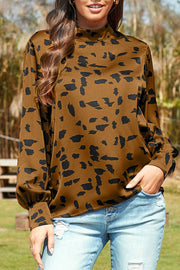 Mock Neck Lantern Sleeve Fashion Print Blouse