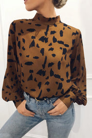 Mock Neck Lantern Sleeve Fashion Print Blouse