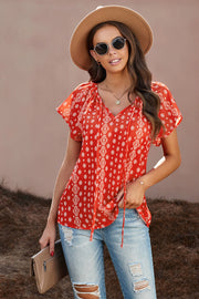 Khaki V-neck Short Sleeve Fashion Print Fantasy Fluttering Blouse