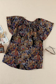 Khaki V-neck Short Sleeve Fashion Print Fantasy Fluttering Blouse