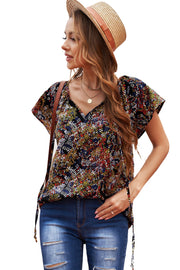 Khaki V-neck Short Sleeve Fashion Print Fantasy Fluttering Blouse