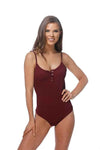 SOLID RIPPBED ONE PIECE SWIMSUIT WITH BUTTON