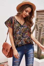 Khaki V-neck Short Sleeve Fashion Print Fantasy Fluttering Blouse