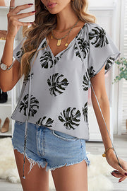 Khaki V-neck Short Sleeve Fashion Print Fantasy Fluttering Blouse