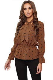 Khaki V Neck Tie Polka Dot Ruffled Blouse