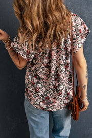 Khaki V-neck Short Sleeve Fashion Print Fantasy Fluttering Blouse