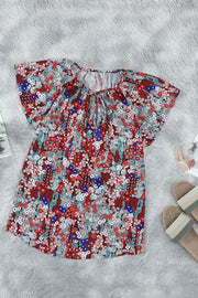 Khaki V-neck Short Sleeve Fashion Print Fantasy Fluttering Blouse