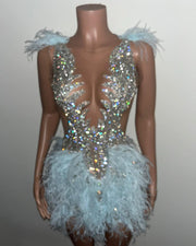 Diamond Blue Birthday Cocktail Gowns Sexy See Through Handmade Beads Crystals Feathers Short Party Prom Dresses