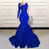 Glitter Beaded Mermaid Long Prom Dress Blue Single Full Sleeve
