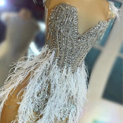 Custom Made Beaded Crystals Short Prom Dresses for Birthday Party Sexy Sheer Mesh Feathers Mini Cocktail Gowns