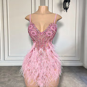 Cute Pink Diamond Crystals Short Prom Dresses Feather Mini Style Women Formal Birthday Party Gowns