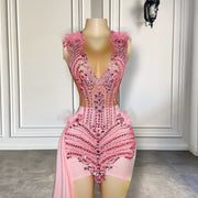 Cute Pink Luxury Diamond Birthday Formal Dress For Women Sheer Mesh Feather Short Prom Dresses