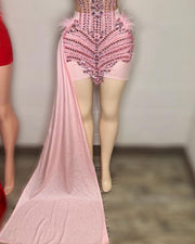 Cute Pink Luxury Diamond Birthday Formal Dress For Women Sheer Mesh Feather Short Prom Dresses