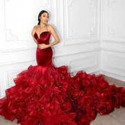 Dark Red Mermaid Evening Dresses With Sweetheart Ruffles Tiered Long Celebrity Prom Dress For Christmas New Year Party Gowns