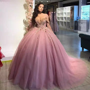 Dusty Pink Princess Ball Gown Quinceanera Dresses Sweetheart Off The Shoulder Appliques Beads Party Pageant Sweet 16 Dress