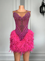 Hot Pink Feathered Beaded Party Gown