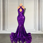 Sparkly Purple Halter Mermaid Prom Dress 2024