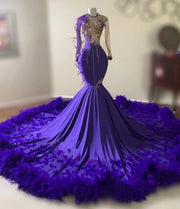 Elegant Purple Feathers Mermaid Prom Dresses Long Sleeve Sequin Applique Tassel Party Gowns Graduation Dress 2024