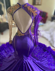 Elegant Purple Feathers Mermaid Prom Dresses Long Sleeve Sequin Applique Tassel Party Gowns Graduation Dress 2024