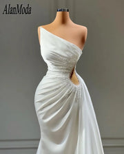 Elegant White Wedding Dresses One Shoulder Crystal Beading Mermaid Bridal Gowns Princess Vestidos Novias Boda Sweep Train