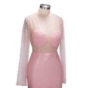Luxurious Pink Long Sleeves Mermaid Prom Dresses Beaded Sequin Party Dresses Sexy Backless Evening Dresses vestido