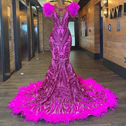 Fuchsia Feathers Mermaid Prom Dresses With Sheer Neck Sequined Lace Long Evening Dress For Christams New Year Party Gowns