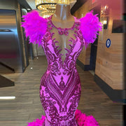 Fuchsia Feathers Mermaid Prom Dresses With Sheer Neck Sequined Lace Long Evening Dress For Christams New Year Party Gowns