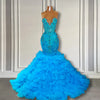 Blue Crystal Sequin Ruffled Mermaid Prom Dress