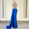 Glitter Beaded Blue Long Prom Dresses Mermaid for Graduation Sexy Sheer Mesh with Slit Gils Women Formal Evening Party Gown