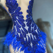 Glitter Beaded Feather Blue Short Prom Dresses Sexy Women Mini Cocktail Gowns for Birthday Party Custom Made