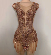 Gold Diamond Short Birthday Party Dresses Exquisite Handmade Beads Crystals Sexy See Through Cocktail Party Gown