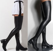New Women's High Knee Boots Low Heel Belt Buckles Elastic Over Ther Knee Boots Female Large Size Leather Shoes Thigh Boots