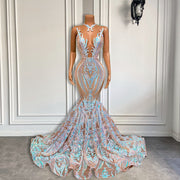 Long Sparkly Prom Dresses 2023 Sheer O-neck Sleeveless Mermaid Prom Gala Gowns
