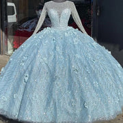 Brilliant Light Blue Quinceanera Dresses O-Neck Long Sleeve Lace Sequined Flowers Sweet 15 Ball Gown Party Princess