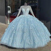 Brilliant Light Blue Quinceanera Dresses O-Neck Long Sleeve Lace Sequined Flowers Sweet 15 Ball Gown Party Princess