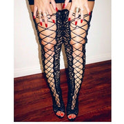 Sexy Fish toe Eyelash Lace Braided Cut out Thigh Boots Metal High Heels Shoes Woman Over Knee Lace Up Summer Long Sandal Botas