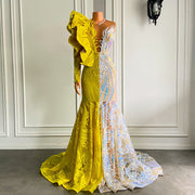 Sexy Long Prom Dresses 2023 Singel Long Sleeve Yellow and Silver Mermaid Gala Prom Gowns