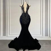 Black Beaded Halter Mermaid Prom Dress