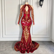 Long Sleeve Sexy Mermaid O-neck Off The Shoulder Burgundy and Gold Sequin Long Prom Dresses 2022 For Party