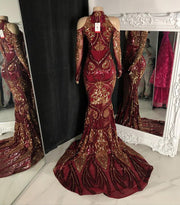 Long Sleeve Sexy Mermaid O-neck Off The Shoulder Burgundy and Gold Sequin Long Prom Dresses 2022 For Party