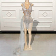 Luxury Beaded Crystals Short Prom Dress Silver See Through  Mini Cocktail Party Gown for Birthday