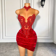 Luxury Beaded Embroidery Women Homecoming Cocktail Gowns High Neck Red Velvet Prom Dresses For Birthday Party