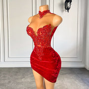 Luxury Beaded Embroidery Women Homecoming Cocktail Gowns High Neck Red Velvet Prom Dresses For Birthday Party