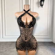 Luxury Black Diamond Women Birthday Party Formal Gowns Sexy See Through Homecoming Short Prom Dresses