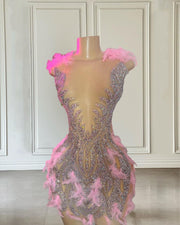 Luxury Diamond Birthday Dress For Women Feathers Mermaid Prom Dresses Sheer Neck Party Gowns Vestidos De Graduación