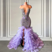 Purple Sheer O Neck Mermaid Prom Dress with Diamonds